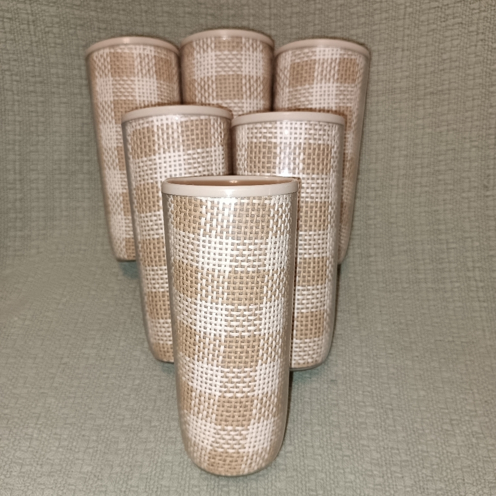 Vintage Raffia Patterned Drinkware Set Seven Tumblers In Cream and Brown 60s 70s